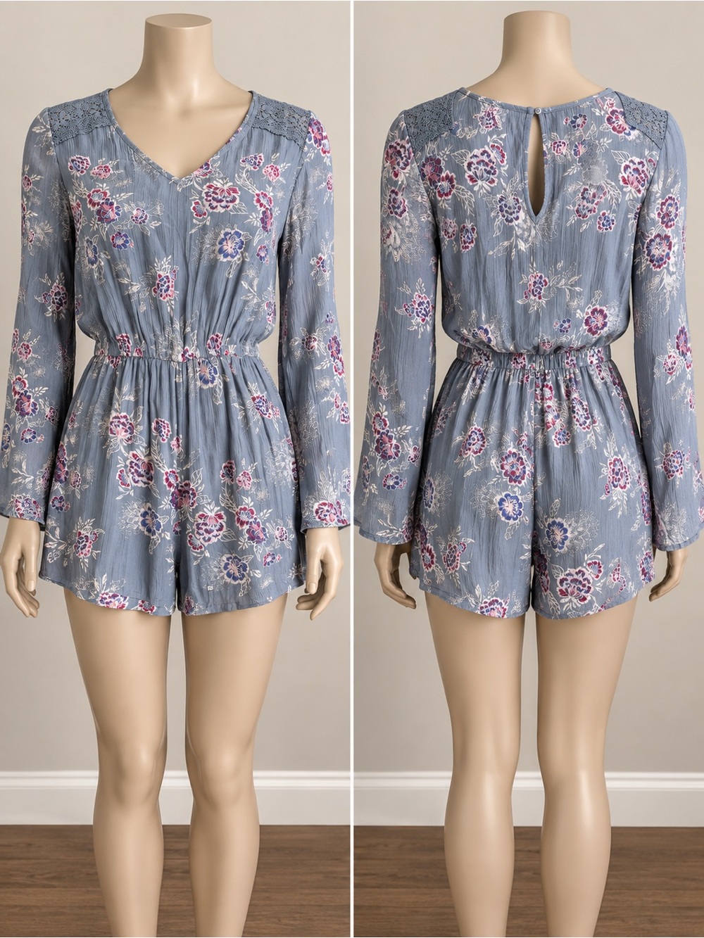 Boho Floral Bell Sleeve Romper Blue Floral Size M